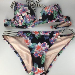 SHADE & SHORE WOMEN'S  LINED V-WIRE BIKINI TOP 34C Swimsuit L Floral